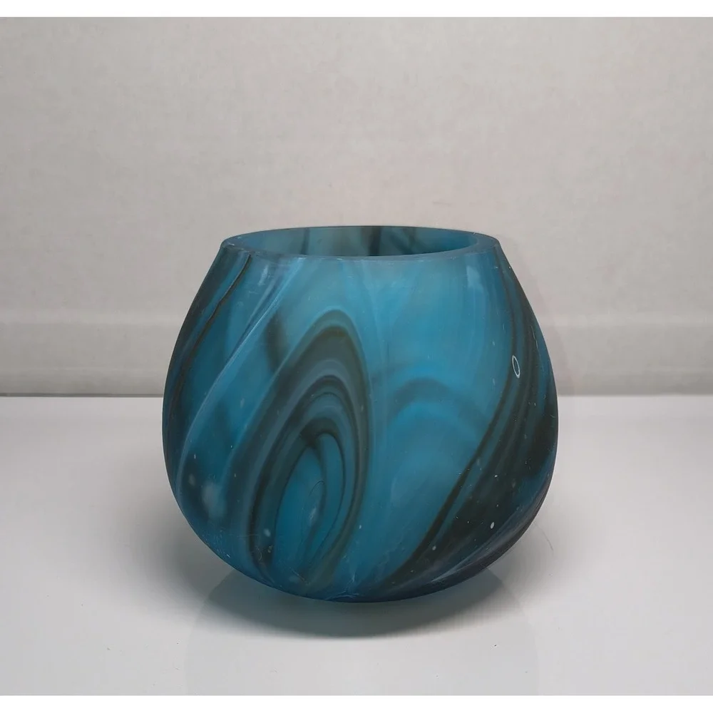 Blown Glass Candle Holder Or Vase Blue W Black Swirls Handmade‎ Home Decor